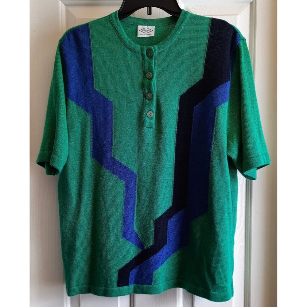 Vintage Freya Knit Top Unisex Short Sleeve 3 Button Pullover Sweater Sz M  XLNT